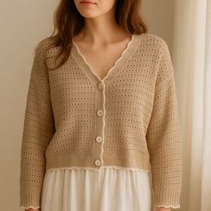 Grace Karin Open Knit Button Front Cardigan – Cottagecore / Neutral – Size L